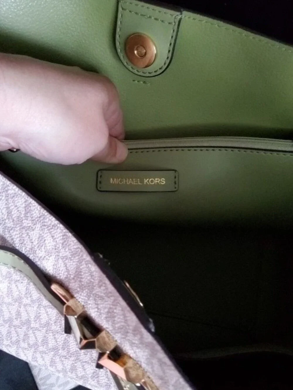 New Michael Kors Beige Logo Tote with Olive Green Trim and Matching Wallet